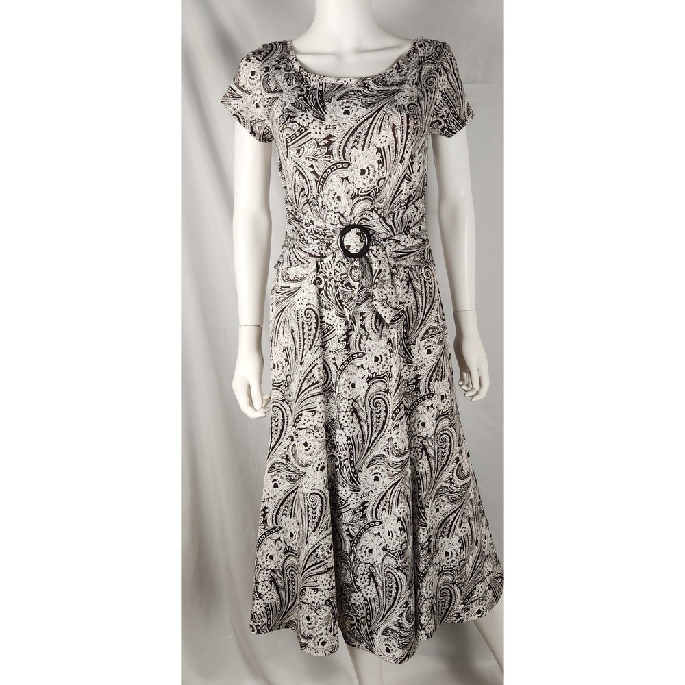 Perceptions Paisley Boho Swing Hem Midi Dress Brown Scoop Neck  10